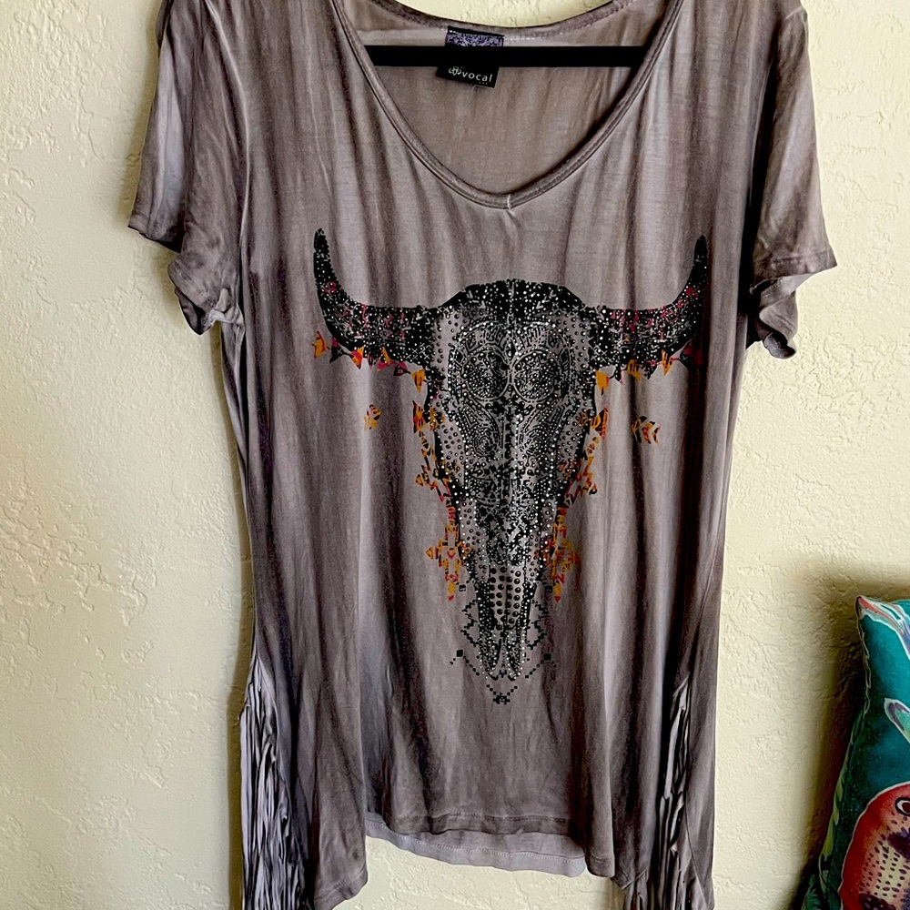 Western Bull Cowgirl Fringed Tan Top
